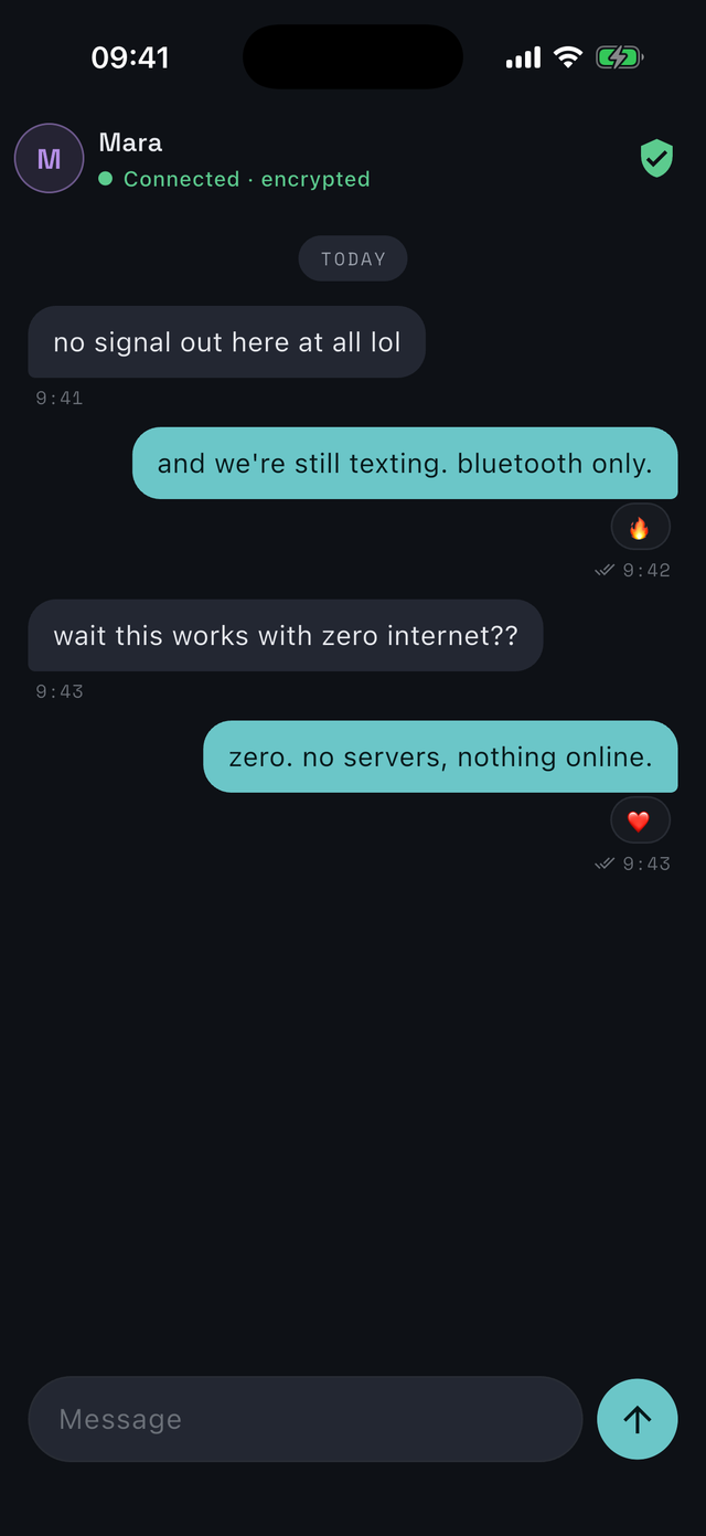 A Gridless chat that is connected and encrypted, with teal message bubbles, working with zero internet
