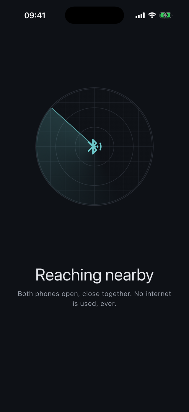 Gridless reaching a nearby phone over Bluetooth, a teal radar sweep on a near-black screen