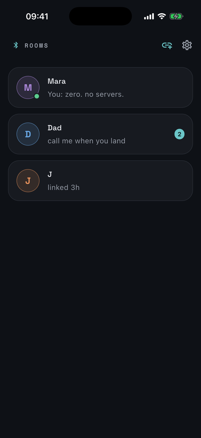 The Gridless rooms list with a connected room, an unread badge, and a recently linked room